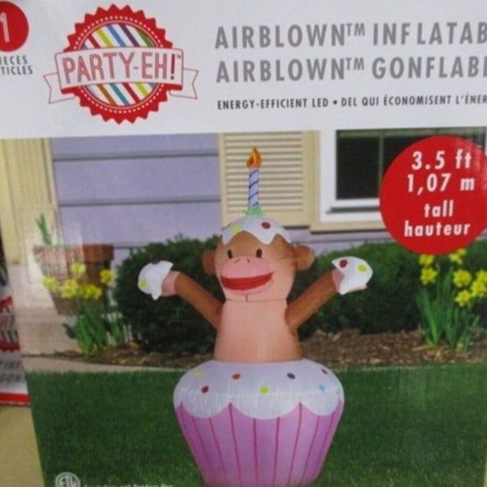 Airblown Inflatable Happy Birthday Cupcake with Sock Monkey